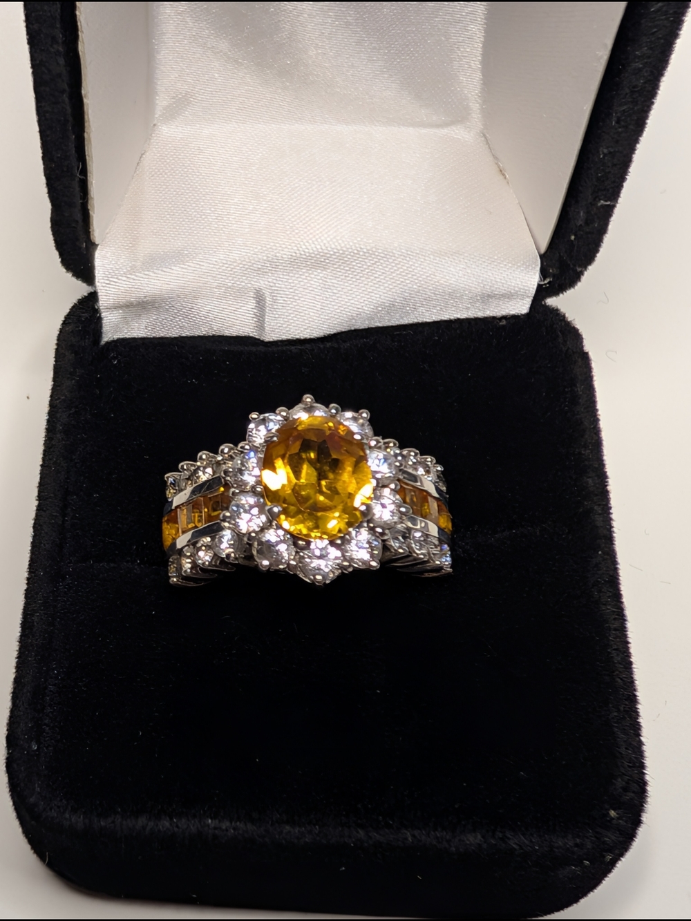Vintage 925 Silver Princess Diana Style Ring With Citrine/Crystals Size 6.5